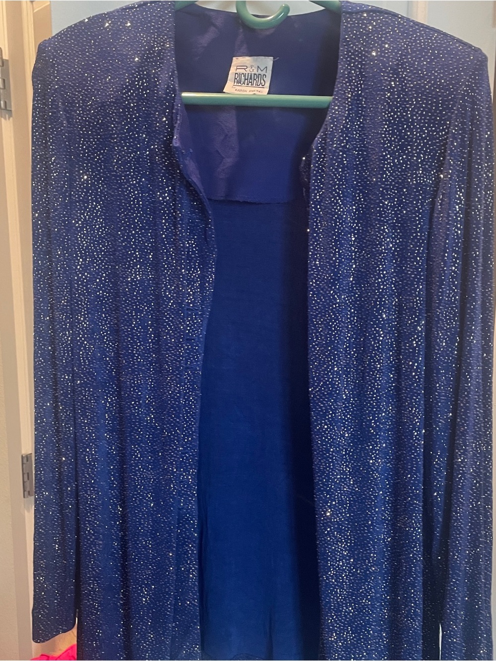 R&M Richards Navy Blue Sparkle Open-Front Evening Jacket